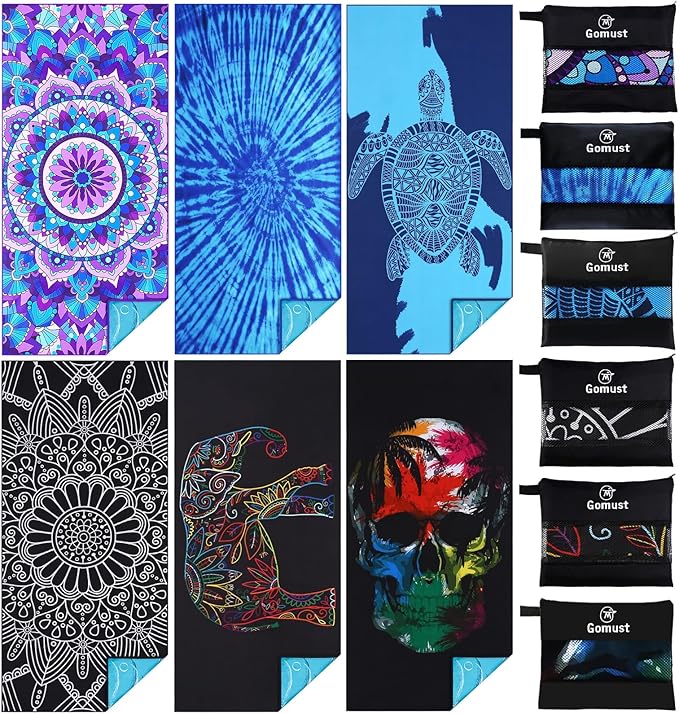 6 Pack Lightweight Thin Beach Towel Oversized 71"x32" Big Extra Large Microfiber Sand Free Towels for Adult Quick Dry Travel Camping Beach Accessories Gift Sea Turtle Tie Dye Mandala Elephant Skull