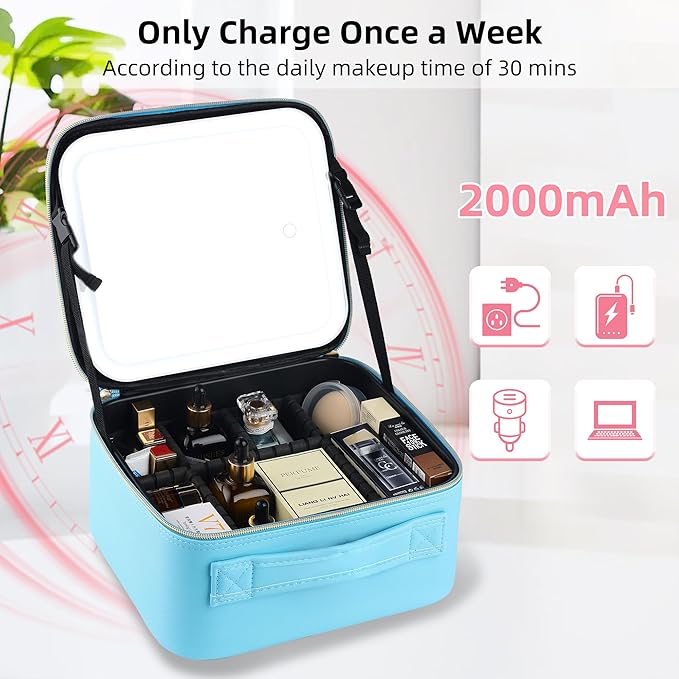 Travel Makeup Bag with LED Mirror – Waterproof Cosmetic Train Case with Adjustable Dividers, Portable Makeup Organizer and Toiletry Bag for Women, Teens & Girls Gift, Blue
