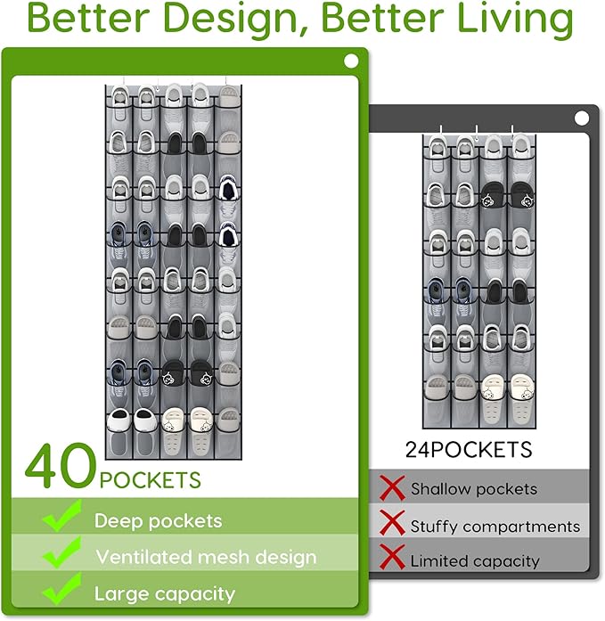 Unjumbly Over the Door Shoe Organizer with 40 Large Breathable Mesh Pockets, Space Saving Shoe Holder, Hanging Shoe Rack for Entryway Bedroom Closet Storage (Grey, 40 Pockets)