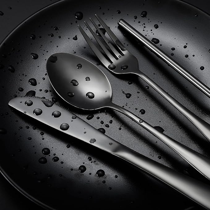 Boulder Bee | Travel Utensils Set | Reusable Camping Cutlery Set | Stainless Steel Flatware Set | Portable Silverware Set with Case | Includes Knife/Fork/Spoon/Straw/Cleaning Cloth/Case (Black)