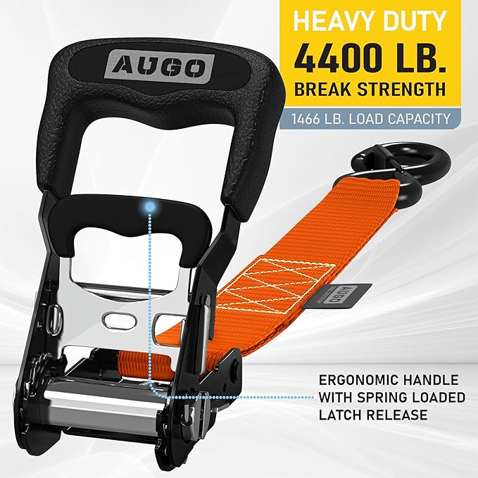 AUGO Heavy Duty Ratchet Straps & Soft Loops – Pack of 4 Extra Strong 1.5” by 10’ Ratchet Straps w/S-Hook Safety Latches & 4 Soft Loop Tie Downs – 4400Lb Break Strength for Motorcycles, ATVs, Etc.