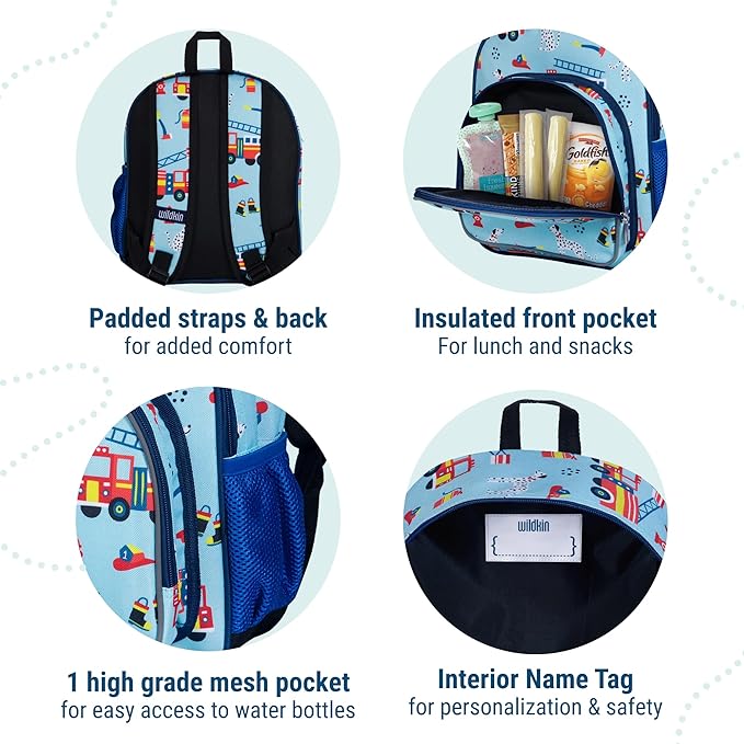 Wildkin 12-inch Kids Backpack – Padded, Adjustable, Ideal for Daycare & Travel - Firefighters