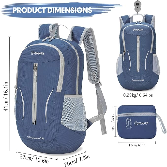 ZOMAKE Ultra Lightweight Packable Backpack 25L - Foldable Hiking Backpacks Water Resistant Small Folding Daypack for Travel(Navy Blue)