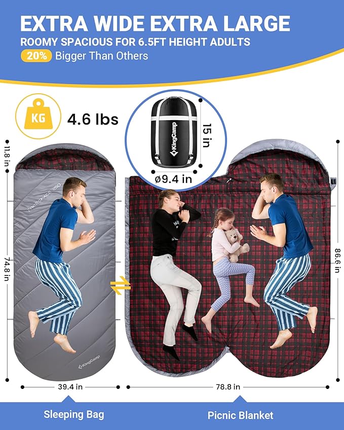 KingCamp Sleeping Bag for Adults, Cold Weather & Warm Extra Wide Big & Tall XL Portable Waterproof Flannel Sleeping Bags, Essentials Gear Accessories for Camping Backpacking Hiking Indoor & Outdoor