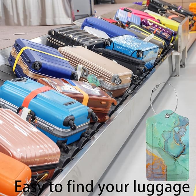 Green Gold Marble 2-Pcs Premium Leather Tags with Privacy Covers,Luggage Tag Stainless Steel Loops Ideal for Suitcases, Travel Bags, Backpacks