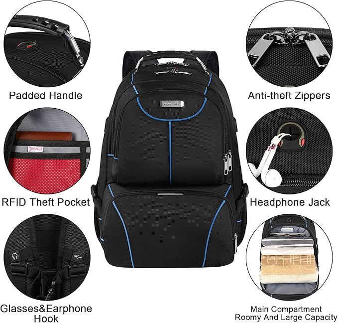 VECKUSON Lunch Bag Backpack, Insulated Cooler Lunch Box Backpack, Extra Large Travel Laptop Backpack TSA Friendly RFID Computer College bag with USB Port for Women Men,Blue