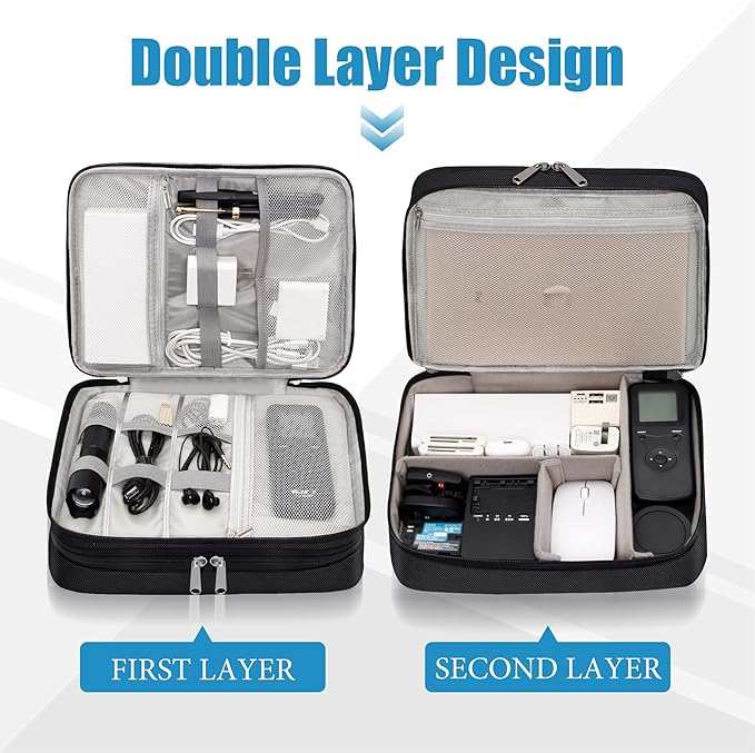 SELLYFELLY Electronics Travel Organizer, Double Layer Cable Organizer Bag Watreproof Electronics Accessories Storage Bag for Cord, Charger, Phone, Power Bank, Hard Drive