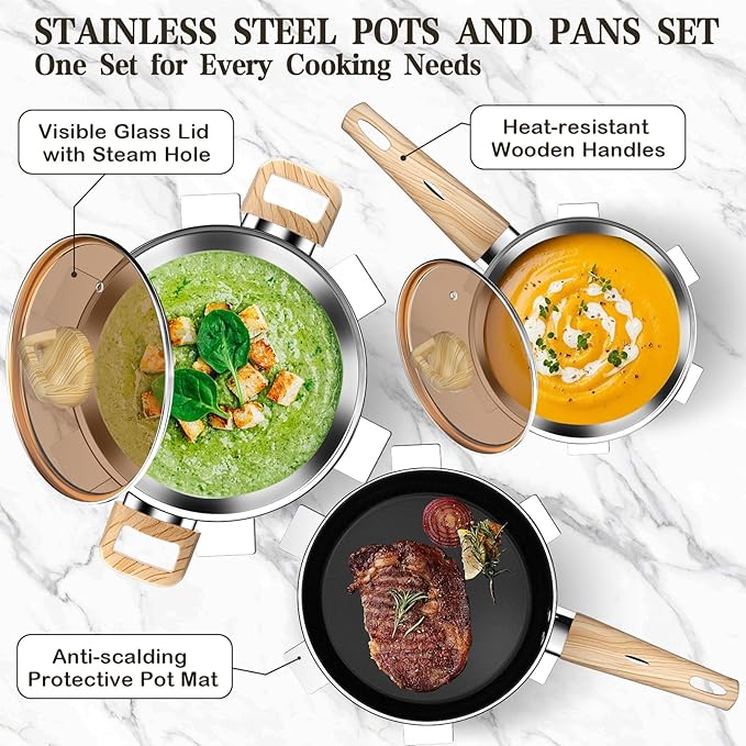 13-Piece Stainless Steel Cookware Set with Nonstick Frying Pans, Sauce Pots & Stock Pot, Heavy Duty Pots and Pans Set, Wooden Handles & Triple Layer Bottom, Induction Cookware, Easy to Clean