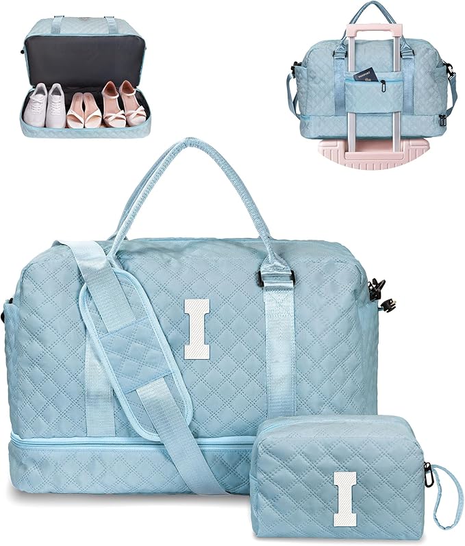 Gifts for Friends - Initial Personalized Weekender Duffle Bag with Shoe Compartment and Travel Makeup Bag for Daughter or Sister (Letter I)