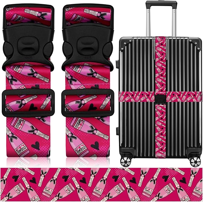 2 Pack Luggage Straps for Suitcases, Adjustable Travel Belt with Double Lock and Quick Release Buckle, Heavy Duty Nylon Bag Packing Strap, Bright Identifiers Business Travel Accessories-Pink Bottles