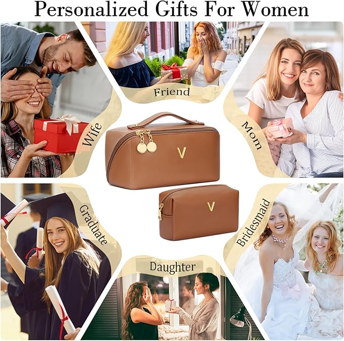 Birthday Gifts for Women Teen Girl, Personalized Initial Makeup Organizer Bag Set, Open Flat Travel Cosmetic Bag With Clear Divider and Handle(Brown,V)