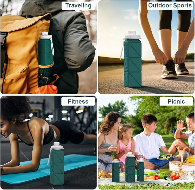 Portable Collapsible Water Bottles,BPA Free Food-Grade Silicone Reusable water Bottle For Outdoor Travel Hiking Sports,Compact,Lightweight Easy To Carry,Leakproof Water Bottles,Dark Green