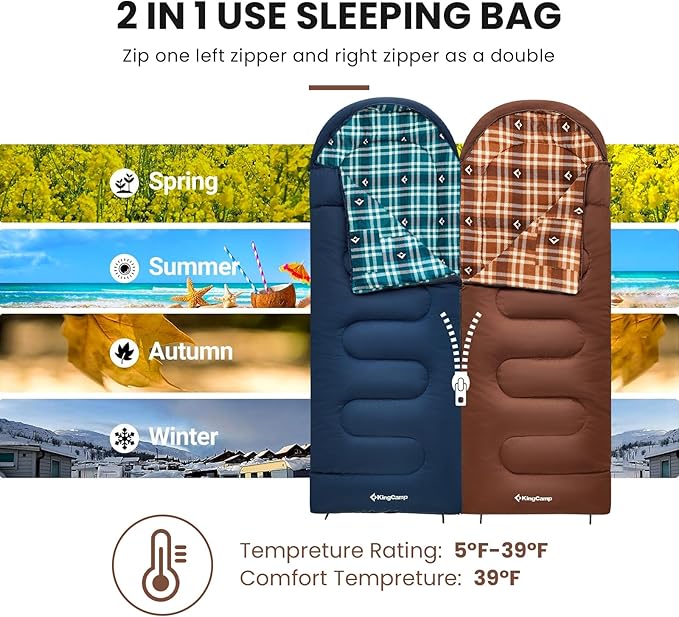 KingCamp Sleeping Bag for Adults, Cold Weather & Warm XL Big and Tall Flannel Sleeping Bags with Compression Sack Portable Waterproof Essentials Gear Accessories for Outdoor Camping