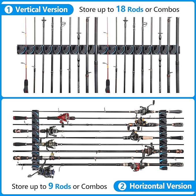 PLUSINNO 2 pack Vertical Fishing Rod rack, Wall Mounted Fishing Rod holder, 2 Packs Fishing Pole Holders Hold Up to 18 Rods or Combos, Fishing rod holders for garage, Fits Most Rods of Diameter 3-18mm