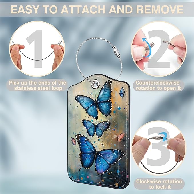 2 Pcs Blue Glowing Butterfly Luggage Tags for Suitcases PU Leather Baggage Tags Name ID Label with Privacy Cover and Stainless Steel Loop for Men Women Travel Bag Suitcase