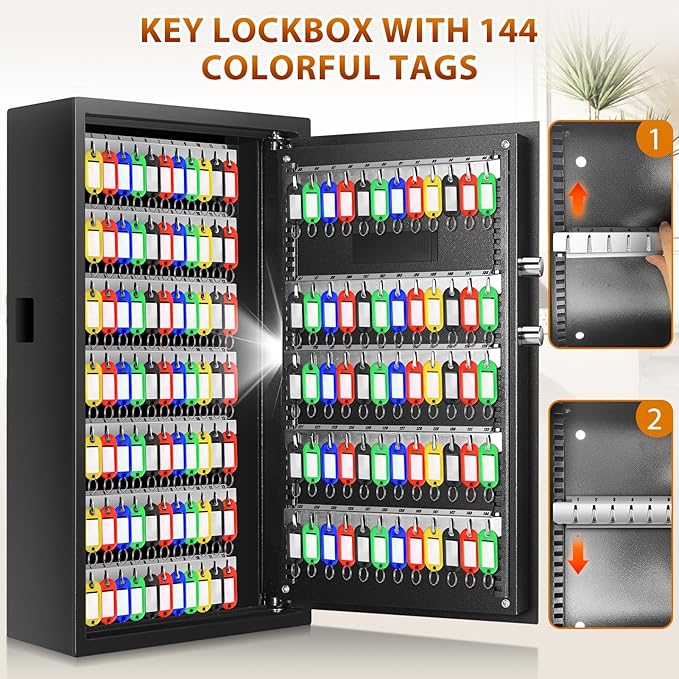 144 Keys Fireproof Cabinet Safe With Adjustable Hook Plates and Tags, Anti-Theft Lock Box Wall Mount With Combination Lock, Organizer for Home Office Garage