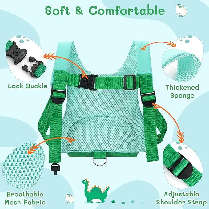 Dr.meter 3 in 1 Toddler Harness Leash + 8.2ft Anti Lost Wrist Link, Cute Dinosaur Kids Safety Harness Tether with Key Lock, Child Protective Leashes While Walking for Outdoor Activity Keep Kids Close