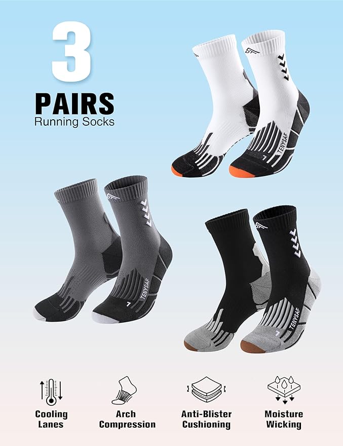 Compression Crew Running Socks: Athletic Socks for Men Women with Cushion,3 Pairs Work Hiking Basketball Sport Socks