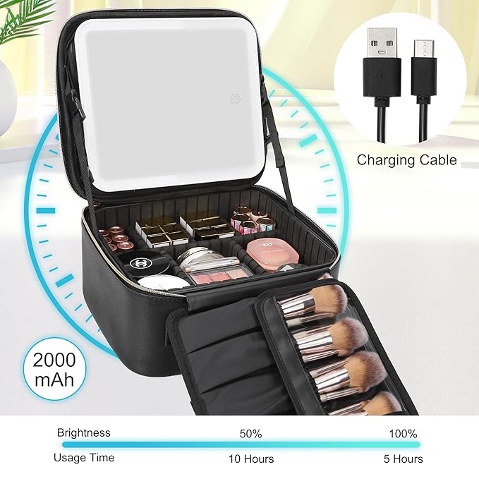 Relavel Travel Makeup Bag With LED Mirror, Cosmetic Train Case with Light up Mirror, Portable Makeup Artist Organizer Bag with Adjustable Dividers, Makeup Brush Holder Storage, Black