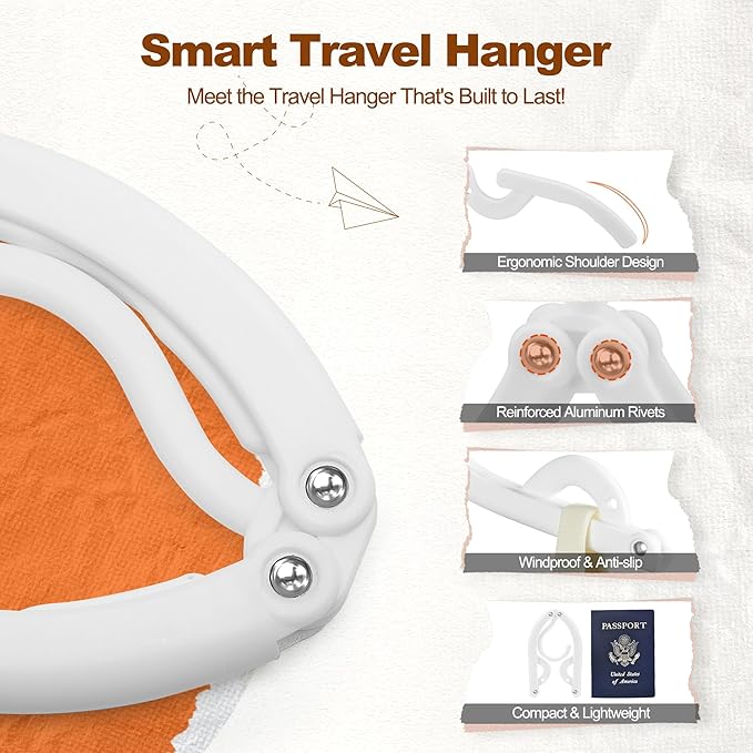 HOUSE DAY Foldable Travel Hangers 10 Pack w/10 Clips, Cruise Essentials 2025, Portable Hangers Collapsible Hanger Plastic, Travel Must Haves for Suitcase, Hotel, RV, Road Trip, Flying, Camping-White
