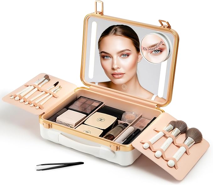 Lighted Makeup Case with Mirror - Portable Travel Makeup Organizer with LED Mirror, 3 Light Settings, Rechargeable Makeup Bag with Mirror and Light - Mini 10x Mirror included