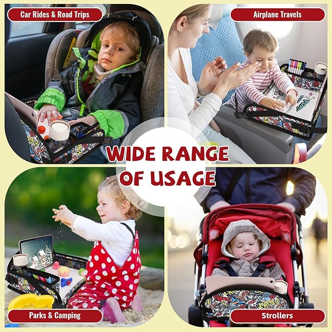 Kids Travel Tray for Airplane - Toddler Car Seat Table Tray, Road Trip Essentials for Boys & Girls, Carseat Lap Desk for Kids Road Trip Activities, Graffiti