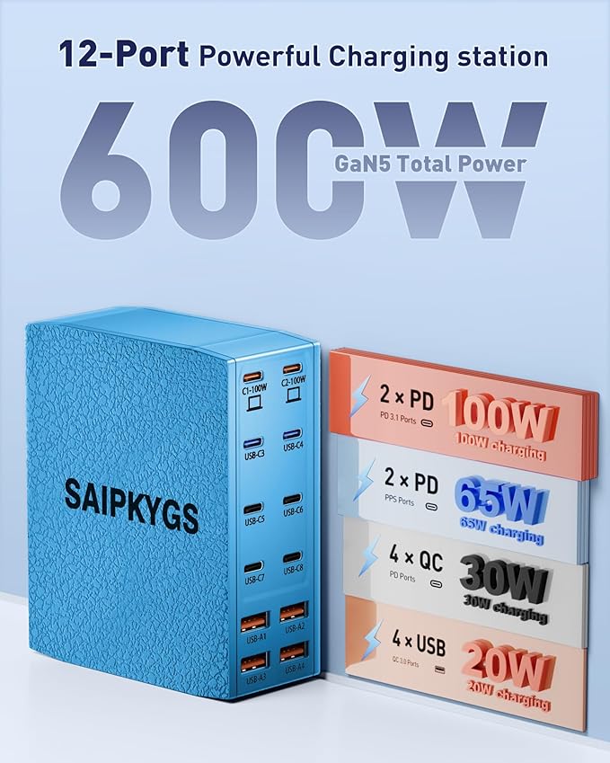 USB Charging Station (600W),12-Port USB C Charger Block with Dual 100W PD USB-C Fast Charging Station Hub for MacBook Pro/Air/All iPad Phone 17/16 15/14/13/Pro Max/Samsung Galaxy Note(Blue)