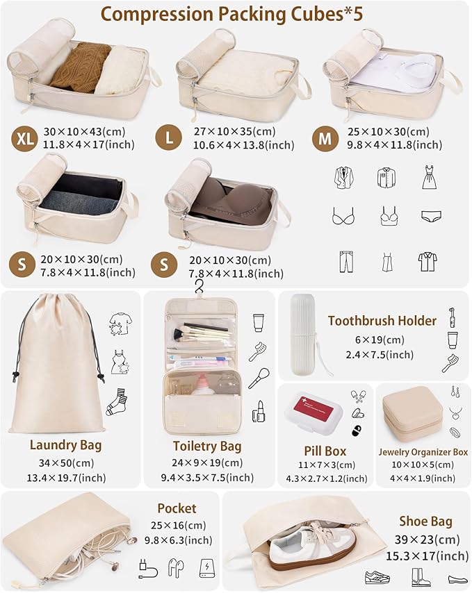 Compression Packing Cubes 12 Set, Suitcase Organizers, Extendable Packing Cubes, Luggage Organizer Bags, Travel Essentials, Beige