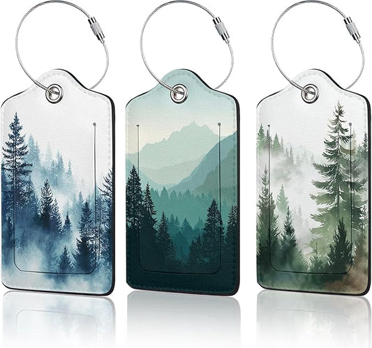 3 PCS Misty Forest Landscape Luggage Tags,Suitcase Tags Privacy Cover ID Label with Stainless Steel Loop and Address Card for Travel Bag Suitcase