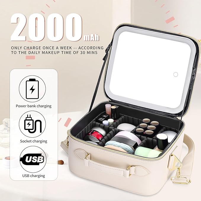 Travel Makeup Bag with Mirror and Light, Cosmetic Artist Organizer Case with LED Mirror, Travel Makeup Case for Cosmetic Brush Holder Storage, Toiletry Case for Women Gift