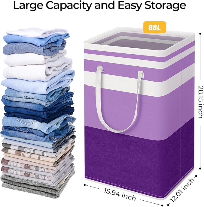 HomeHacks 2 Pack Large Laundry Baskets, Waterproof, Freestanding Laundry Hampers, Collapsible Clothes Hamper with Reinforced Handles in Laundry, College Dorm, Bathroom, Bedroom (Purple, 88Lx2)