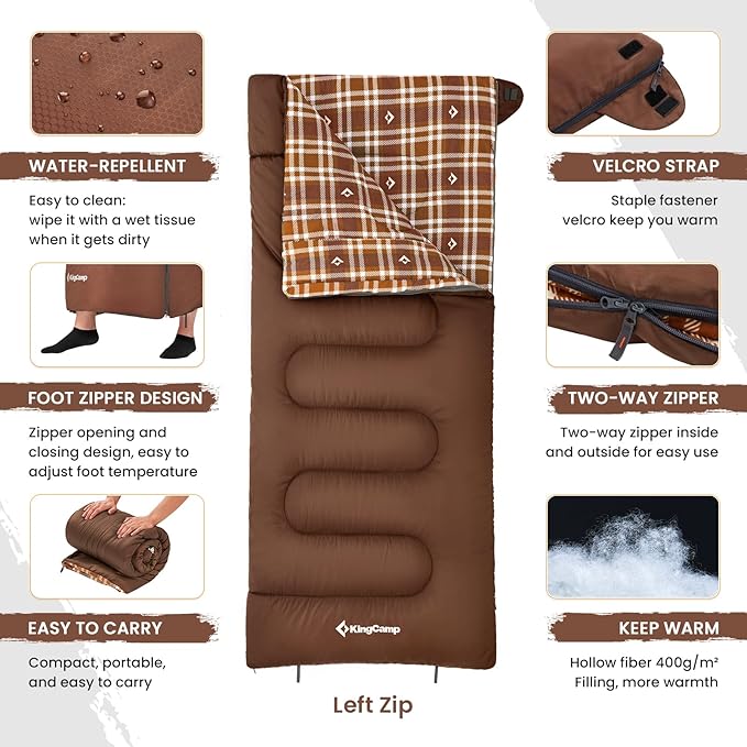 KingCamp Sleeping Bag for Adults, Cold Weather & Warm XL Big and Tall Flannel Sleeping Bags with Compression Sack Portable Waterproof Essentials Gear Accessories for Outdoor Camping