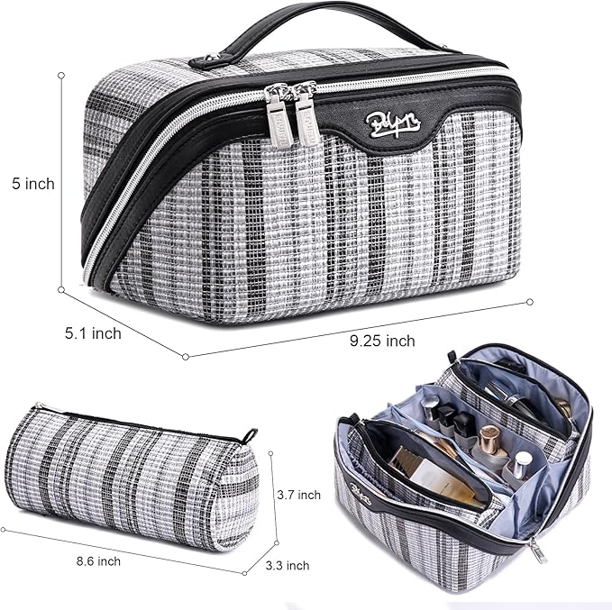 Travel Makeup Bag for Women: Large Capacity Open Flat Make up Bag Set of 3 - Vegan Leather Cosmetic Bag with Compartments - Waterproof Toiletry Bag with Handle & Divider(Black)