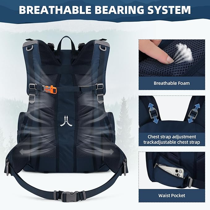 Maelstrom Hiking Backpack, 40L Waterproof Camping Daypack for Men and Women, Lightweight Travel Pack with Rain Cover-Blue