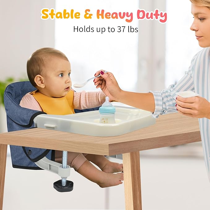Hook On High Chair with Removable Dining Tray,Folding Portable Clip on Table High Chair,Baby Chair with Storage Bag for Indoor/Outdoor (Navy Blue)