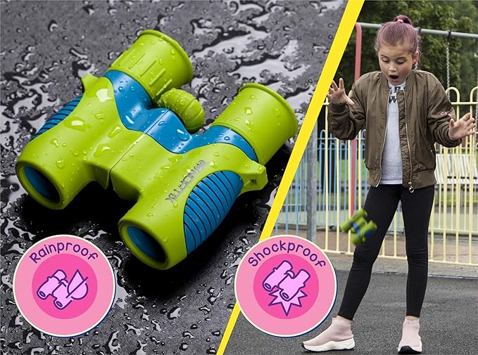 Binoculars for Kids, Girls or Boys Real Kids Binoculars in Vibrant Green Blue - Includes Sticker Book with 40 Bird Species - Small Toys for Toddlers