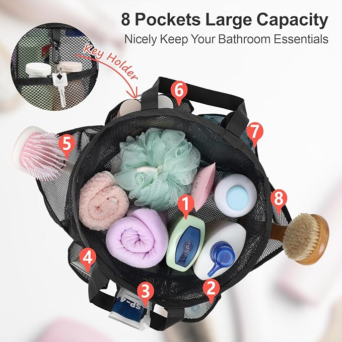 F-color Mesh Shower Caddy Portable with Drawstring - 8 Pockets Dorm Room Essentials for Guys Girls with S Hook, Shower Bag Basket Tote for College Camping Bathroom, 2 Pack Black & Mint Green