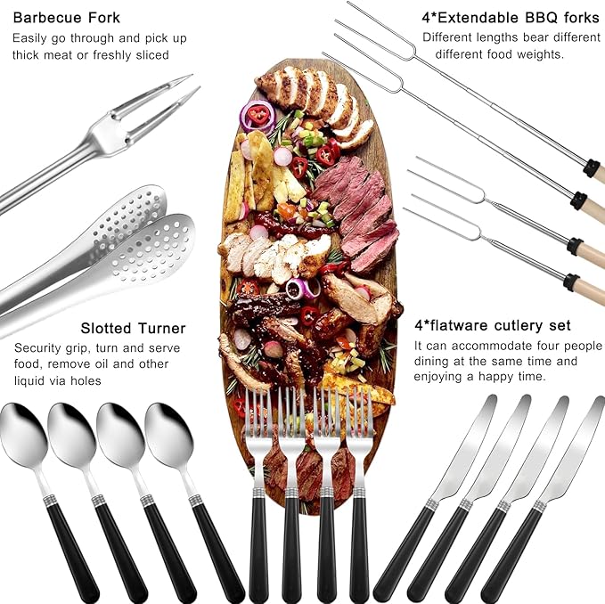 Camping Cooking Utensils Set - Camping Utensil Set Car Camping Cooking Essentials Gear for Camp Kitchen Cooking and Grilling, Stainless Steel & Silicone Ideal Gift for RV Tent Camper