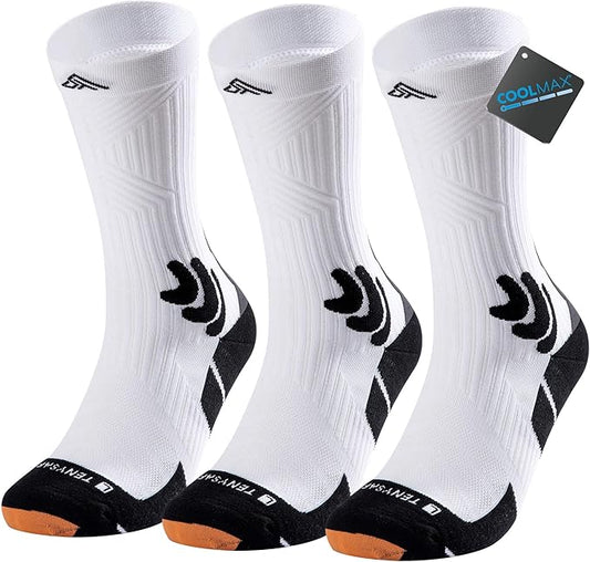 Men's Compression Running Socks: Coolmax Athletic Crew Socks Moisture Wicking Anti-Blister Cushion for Hiking 3 Pairs
