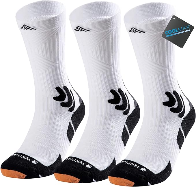 Men's Compression Running Socks: Coolmax Athletic Crew Socks Moisture Wicking Anti-Blister Cushion for Hiking 3 Pairs