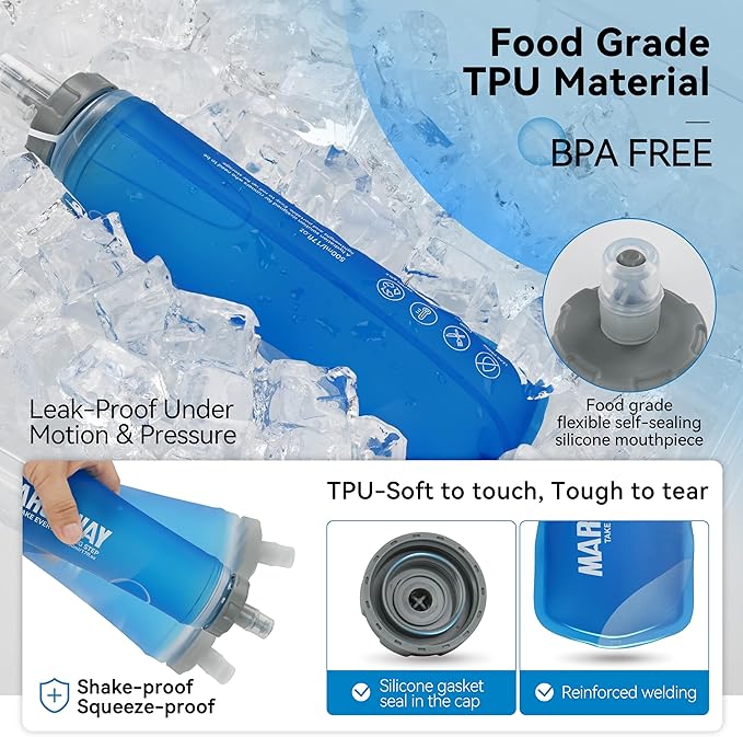 MARCHWAY Soft Hydration Flask with Wide Mouth, 300ml/500ml Collapsible TPU Water Bottle, Leakproof Portable Flexible for Running, Hiking, Cycling, Climbing, Gym, Travel (2pcs Dark Blue 300ml)