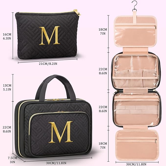 Gifts for Women, Initial Toiletry Makeup Bag Hanging Cosmetic Organizer with Embroidery Letter Personalized Nurse Teacher Appreciation Gift Birthday Christmas Gifts for Mom Sister Wife Friend Auntie