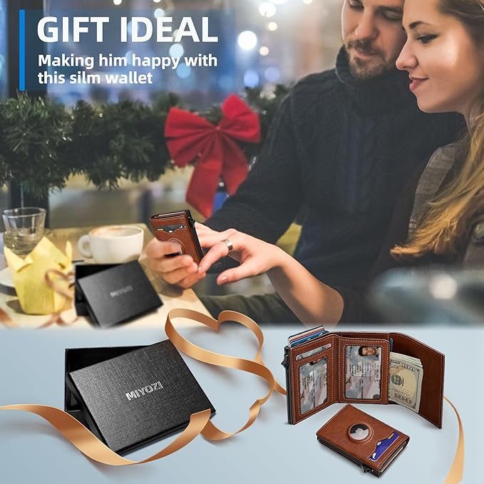 Airtag Wallet for Men,with Cash Pocket 2 ID Window 9-12 Cards,Metal Case Smart Slim Pop Up Credit Card Holder Flip with Magnetic Closure RFID Blocking Trifold wallet with Gift Box