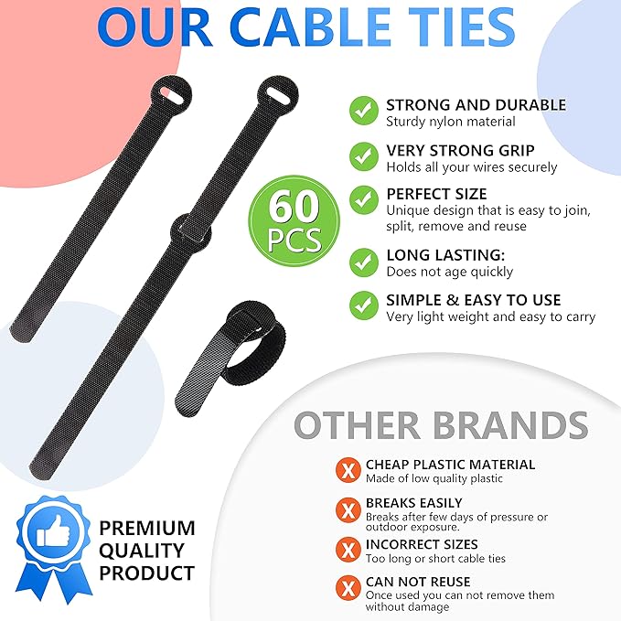 60x Cable Management Ties, Cord Wraps Black 6 Inches, Reusable Tidy Wire Ties for Cords, PC, TV, Computer & Desk