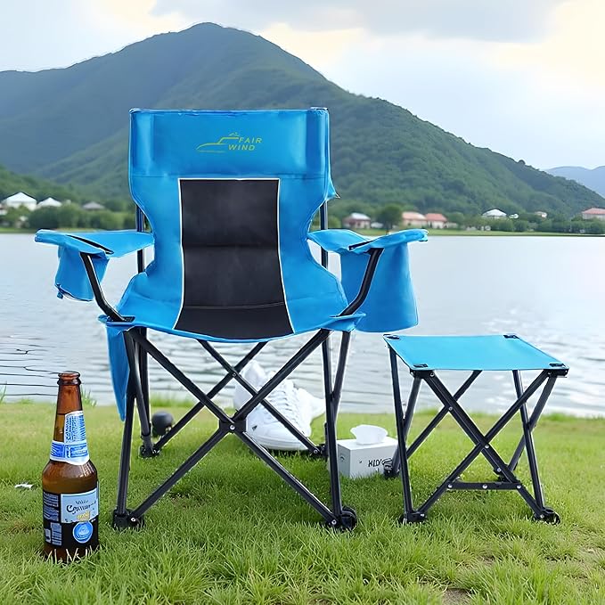 FAIR WIND Oversized Padded Camping Chair with Footrest Stool Heavy Duty Cooler Bag Chair for Fishing, Tailgating, Sports Games, Backyard - Support 300 LBS Blue