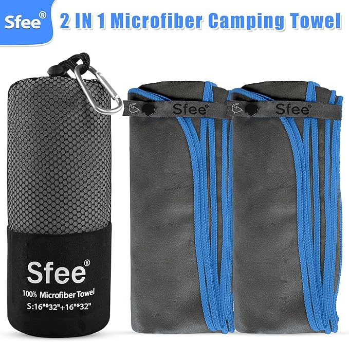 Sfee 2 Pack Microfiber Travel Towel, Quick Dry Towel Camping Towel Beach Towel Super Absorbent Compact Lightweight Sports Gym Towels Set for Beach, Gym, Hiking, Pool, Backpacking, Bath, Yoga