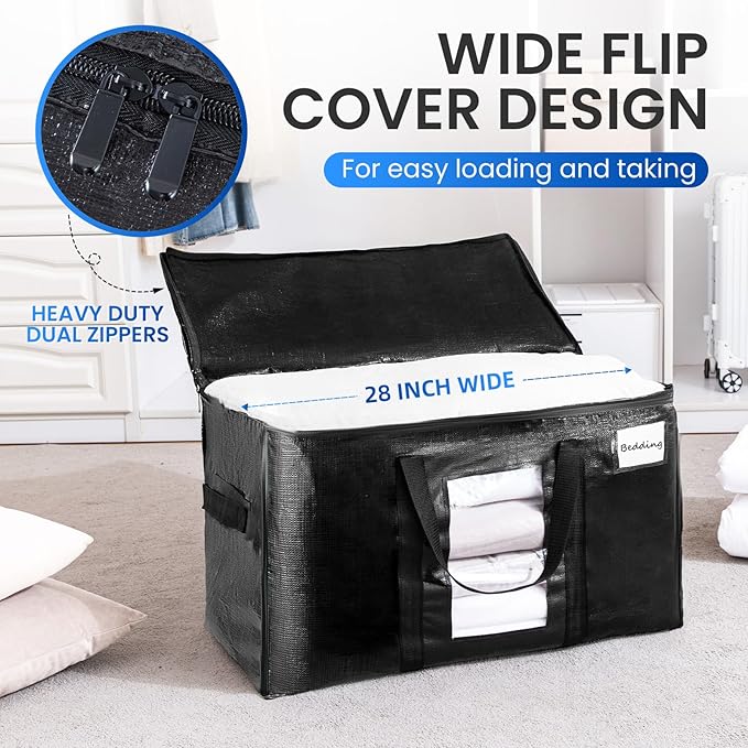 TAILI Extra Large Moving Bags, 4 Pack Black Heavy Duty Totes For Storage with Visible Window, Wrap Around Handles, Storage Bags for Space Saving, Alternative to Moving Boxes
