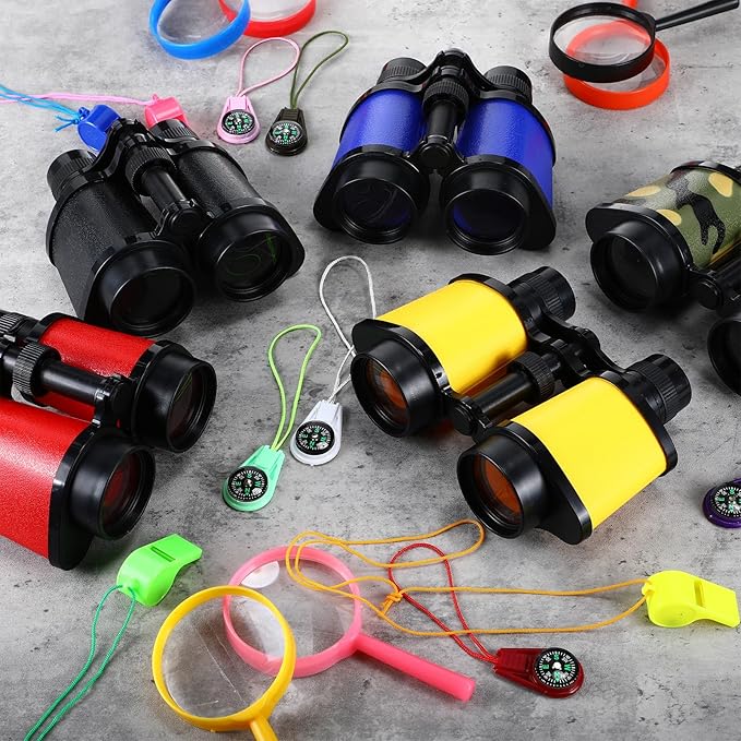 12 Set Binocular Compass Magnifying Glass Set Christmas Birthday Gift Small Telescope Binocular with Whistle Bag for Outdoor Exploring Stocking Stuffer(Cute Color,Funny)