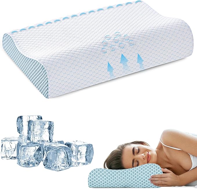 Neck Pillow Memory Bed Foam Pillows - Neck Support Pillow for Pain Relief, Ergonomic Cervical Pillow for Sleeping, Orthopedic Contour Bed Pillow for Side, Back, Stomach Sleepers,Blue