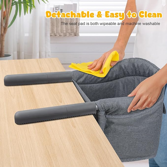 Hook On High Chair: Portable Fast Table Chair with Storage Bag, Clip on High Chairs for Babies and Toddlers, Foldable Baby Feeding Chair with Removable Seat for Home and Travel -Grey
